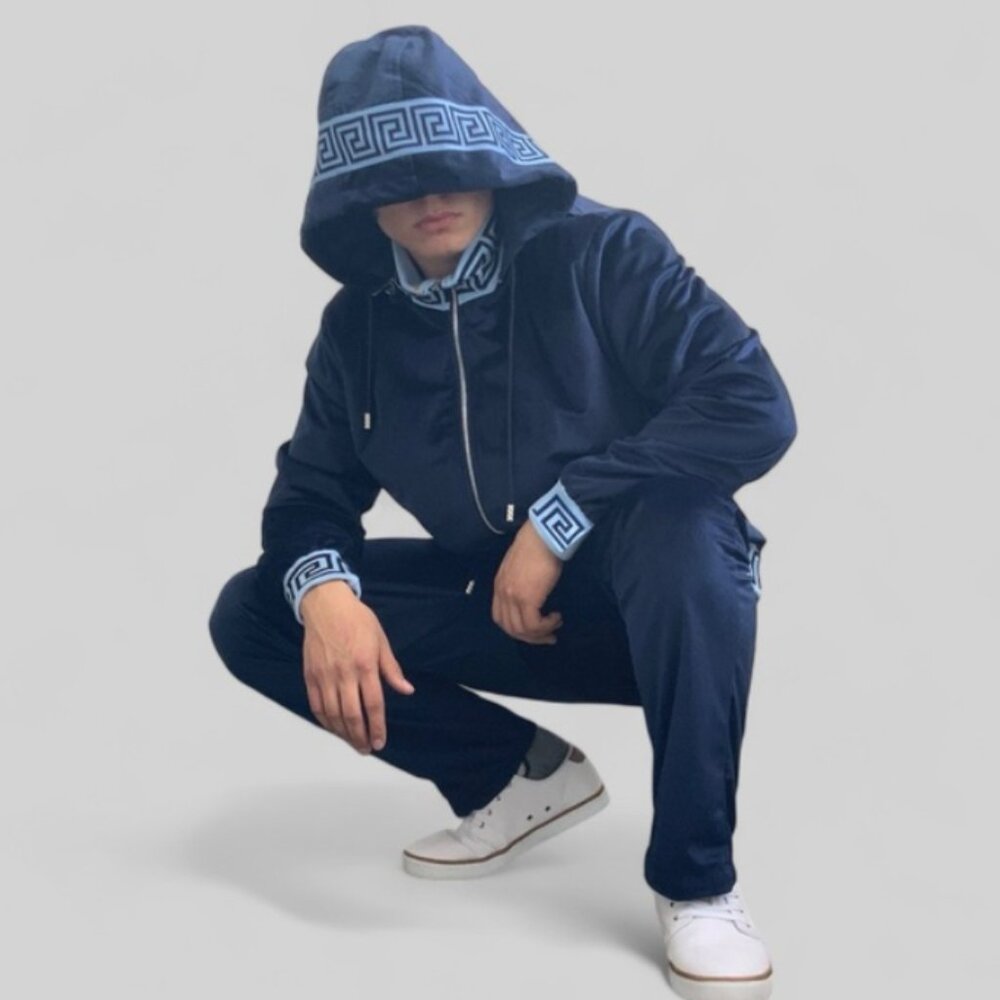 Men's Manzini Navy | Sky Blue Hooded Velvet Casual Tracksuit NWT